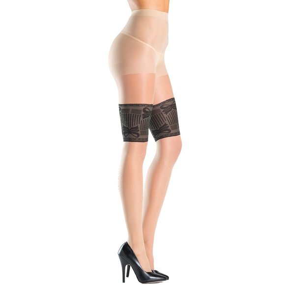 Sheer Tights with Faux Lace Top Thigh Highs Bow Design and Back Seam - Picture 1 of 3